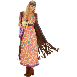 dressforfun® Hippie Kostüm Damen - Langes Kleid mit Blumenmuster, Veloursleder Weste, Haarband, 70er Jahre Outfit, Flower Power Verkleidung, Retro Kostümset, Fasching, Karneval, Mottoparty