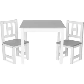 ib style Luca Kindertisch mit 2 Stühlen, Kindersitzgruppe, Holz, Sicherheitsgeprüft, 4 teilig Tisch + 2 Stühle + Truhenbank, weiß/Grau