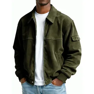 Dyhxuan Hemdjacke Herren Oversize Cordjacke Reißverschluss Übergangsjacke Einfarbig Revers Freizeitjacke Langarm Cordhemd Jacke - M