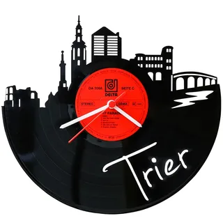 GRAVURZEILE Schallplattenuhr - Skyline Trier - Wanduhr aus gegossenem Vinyl mit Stadt Skyline 30 cm - Upcycling Design-Uhr Wand-Deko Vintage-Uhr Wand-Dekoration Retro-Uhr - Made in Germany