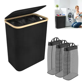 YRHome Wäschekorb mit Deckel 140L 3 Fächer Wäschesack Wäscheboxen Wäschetonne Wäschesortierer Wäschetruhe Waschekorbsammler mit Griffen Laundry Baskets Wäscheschrank für Schlafzimmer - Schwarz