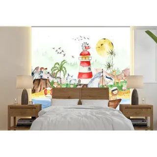 MuchoWow Fototapete Strand - Tiere - Kinder - Leuchtturm - Jungen, Matt, bedruckt, Vinyl Tapete für Wohnzimmer oder Schlafzimmer, Wandtapete, 300x300 cm bunt 3 m x 3 m