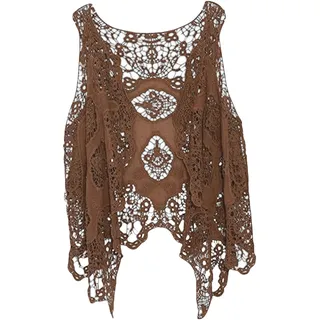 Berax Damen Weste Cardigan Sommer Hippie Gilet Häkeln Hohl Spitze Irregular Boho Ärmellos Cardigan Weste Kurz (Kaffee) - Einheitsgröße