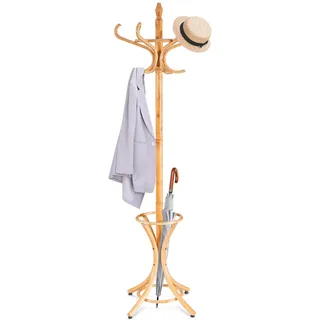 HOMASIS 184 cm Kleiderständer, Garderobenständer mit 12 Haken & Schirmständer, Jackenständer Garderobe aus holz für Mänteln, Hüten & Taschen, Standgarderobe für Schlafzimmer & Flur (Natur)