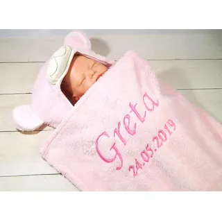 Generisch Babydecke mit Kapuze Bär – personalisierte Kuscheldecke rosa mit Name – Geschenk zur Geburt & Taufe – weiche Kapuzendecke für Neugeborene Mädchen (Rosa - Teddybär)