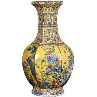 Hengqiyuan Blumenvase aus Handgefertigter Keramik mit Vogel und Blumenmuster, Große Bodenvase Jingdezhen Keramik Dekorative Vase Antike chinesische Email Porzellan Home Craft Decoration,52cm High