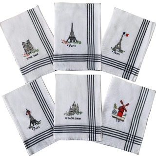 VIANAYA 6 Geschirrtücher Paris Eiffelturm, Heiliges Herz, Notre Dame und Moulin rot aus Baumwolle, bestickt – Maße: 50 x 70 cm