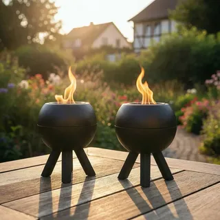 2er-Set Mini Tischfeuer Outdoor, rauchfrei – Kompakte Feuerstelle aus Metall, Schwarz – Die perfekte mobile Feuerschale für Balkon, Terrasse, Garten