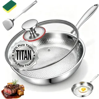 Kovali Titan Bratpfanne, 26/28/30 cm Kovali Titan Pfanne, Titans Pfannes Unbeschichtet, Premium-Pfanne Kratzfest Ultra-Durable Non Stick Bratpfanne mit Deckel für Die Küche Kochen (With Stick, 28cm)