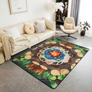 Homewish Camping Teppich Lagerfeue Carpet Baumstumpf Kinderteppich Lustiger Wald Campingplatz Teppiche Cartoon Steine Grün Baum Flächenteppich 100x150 für Schlafzimmer Stilvoll Rutschfest Pflegeleicht