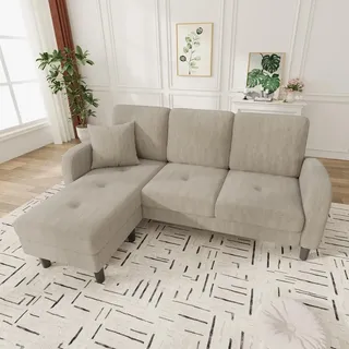 Merax L-Form Ecksofa mit Chaiselongue, 3-Sitzer Sofa mit Samt-Cord und Massivholzrahmen, modulares Wohnzimmersofa mit Kunststoffbeine, Grau - Grau