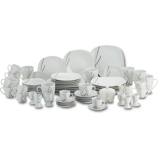 KHG Kombiservice für 6 Personen aus hochwertigem Porzellan, 62-teiliges Geschirrset in weiß mit schwarz/grauen Akzenten, klassisches Geschirr, mikorwellen- & spülmaschinengeeignet