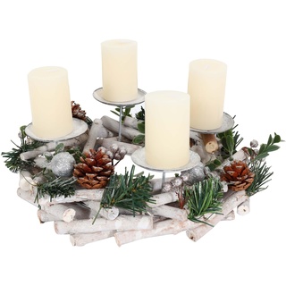 Adventskranz HWC-M12, Adventsgesteck Tischkranz Weihnachtsdeko Tischdeko Holz Silber weiß Ø 30cm - mit Kerzen