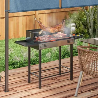 Sweiko Holzkohlegrill Grill BBQ-Grill, verstellbares Rost, 1 Drehspieß, 118 x 32 x 90 cm, Schwarz + Silber