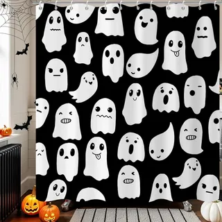 GCIREC Duschvorhang, 150x180cm, Schwarz und Weiß Halloween Funny Spooky Cute Ghost Icons Wasserdichter Stoff Maschinenwaschbarer Badezimmervorhang mit Haken