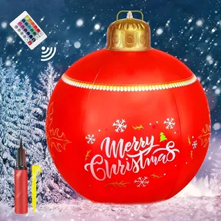 ACAREY Weihnachtsdeko Aufblasbare Weihnachtskugeln 60cm Weihnachtskugel XXLOutdoor mit LED Licht Und Fernbedienung, Weihnachtskugeln Rot Aufblasbarer Weihnachtsball mit Erdspießen (60cmUpgrade)