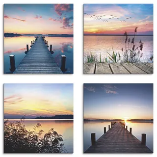 ARTLAND Wanddeko Strandbilder Leinwand Bilder Set 4 tlg. je 40x40 cm Quadratisch Wandbilder Landschaft Gewässer See Pier Abend Schilf Sonne K2JK