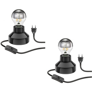 ledscom.de 2 Stück Porzellan Tischlampe TIX, Stecker, Schalter, schwarz + E27 LED Lampe 486lm, Smart Home, warmweiß - kaltweiß