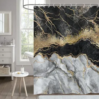 Hnmdmyi Duschvorhang Marmor Optik Schwarz 180x200, Grau Gold Glitzer Duschvorhänge Abstrakt Riss Tinte Textur Modern Luxus Kunst Badewanne Vorhang Wasserdicht Polyester Stoff Waschbar Badevorhang