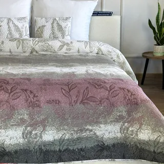 Euromat Tagesdecke Steppdecke Bettüberwurf Gesteppte Tagesdecke mit 2 Kissenbezüge 40x40 cm- (Grau Weiß Rosa Blumen- SY-6761, 220x240 cm)