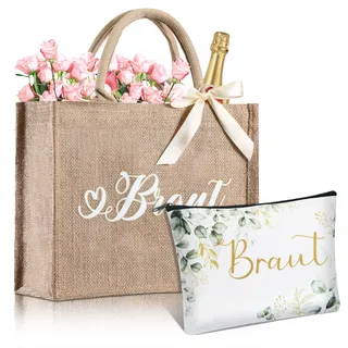 Ylinge 2er Set Jute Braut Tragetasche mit Leinwand Braut Kosmetiktasche, Braut Einkaufstasche Braut Tote Bag Braut Make Up Tasche, Geschenk für JGA Hochzeit Brautparty Strand Verlobung Flitterwochen - 30 x 25 x 12 cm