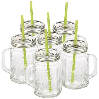 Retro-Trinkglas mit Henkel, Deckel und Trinkhalm, 6er-Set