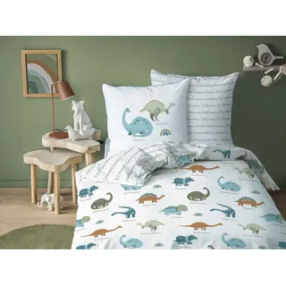 MTOnlinehandel Kinderbettwäsche Dino 135x200 + 80x80 cm 2 tlg., 100 % Baumwolle, Renforcé, 2 teilig, Dinosaurier Bettwäschegarnitur mit Reißverschluss bunt