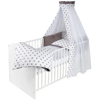 Schardt Baby-Komplettbett-Set Classic-Line inkl. Bettwäsche, Himmel, Nestchen & Matratze Weiß 70 x 140 cm - Big Stars Grey