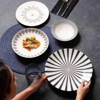 Elegant 24-Piece Dinner Set, 100% Bone Porcelain, White & Black | Includes Service Plates, Bowls & Dessert Plates | Dishwasher & Microwave Safe