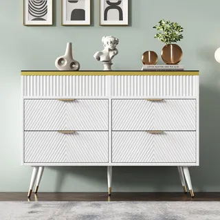 ModernLuxe Sideboard Kommode aus Glas, Bernstein, Möbel mit 6 Schubladen mit Fächern, modernes Design, garantierte Stabilität, ideal für Schlafzimmer und alle Räume, 120 x 40 x 76 cm, Weiß