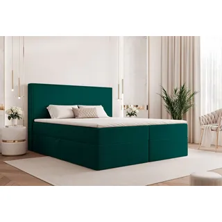 Goldstoff Boxspringbett Modernes Komfortbett "NORDIC DREAM" mit Stauraum & stilvollem Kopfteil (120–200x200 cm, Seitenhöhe: 54 cm), Komfortables Stauraumbett mit Bonellfederkern & Komforthöhe grün