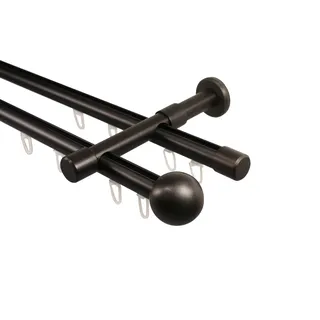 iso-design Innenlauf Gardinenstangen 2-läufig schwarz 20 mm Durchmesser, Wandmontage, Gardinenstangenkomplettset aus Metall mit Wandhaltern und Endstück Kugel, 140 cm