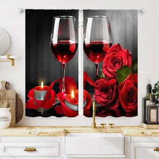 MESHELLY Küchenvorhänge mit roten Rosen und Weinrot, 27.5 B x 39 H Stangentasche, roter Küchenvorhang für Frauen, kleine Blumen, Weindekorationen, Café-Vorhänge für Küche, Stoff, 2 Paneele