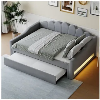 STILVORA Daybett 140x200 mit LED-Gürtel,Ausziehbett aus Holz,Gepolstertes Tagesbett (Gepolstertes 140x200 cm Tagesbett mit LED-Gürtel und Ausziehbett – Komfortable Leinenpolsterung, 7-farbige LED-Beleuchtung, Platzsparendes Design) grau