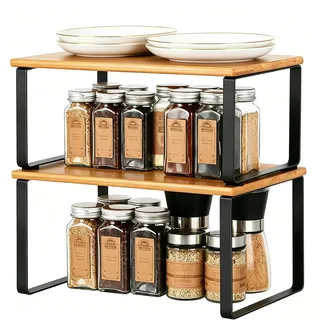 UOMIO 2 Stück Gewürzregal Küchenregal Arbeitsplatte mit Bambusbretter und Metallrahmen Regal Küche Arbeitsplatte 2 Größen Küchen Organizer Regal für Küche Wohnzimmer Badezimmer (Schwarz)