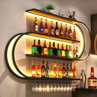 RAJYQODIS Weinregal zur Wandmontage, schwebendes Barregal mit 4 Ebenen, Industriedesign, Flaschenregal aus Metall, für die Heimbar, Esszimmer, Dekoration, Schwarz (150cm)