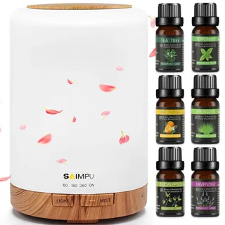 Aroma Diffuser, 300ML Luftbefeuchter mit 6 * 10ml Ätherische Öle Set | Leise Ultraschall DuftöL Diffuser, Wasserlose Abschaltautomatik,7 Farben LED Öle Diffusor Aromatherapie für Büro,Yoga,Spa