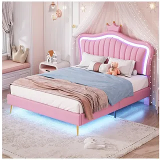 OKWISH Bett Kinderbett Polsterbet Gästebett (Kronen-Doppelbettgestell aus Leder mit LED-Leuchten, Lattenrost und Rückenlehne, Matratze nicht enthaltet 140 x 200 cm) rosa