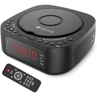 Ejoyous CD Player Wecker, Radiowecker -Radio mit USB-Ladefunktion, dimmbarem Display, Fernbedienung mit Toploader-Design und Sleep-Timer fürs Schlafzimmer (EU-Stecker (220-240 V))