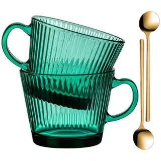 Buaci Glas-Kaffeetassen, 400 ml, Set mit 2 vertikalen Streifen, grüne Glasbecher, stapelbare Kaffeetassen, Teetassen, Vintage-Tassen für Cappuccino, Latte, Müsli, Weihnachten, Erntedankgeschenk