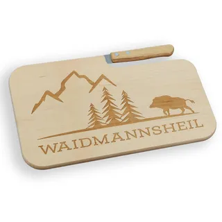 Frühstücksbrett mit Messer inkl. Gravur Waidmannsheil - Geschenkidee für Jäger - Jausenbrett aus Holz - Jäger und Jagd Geschenke (Wildschwein)