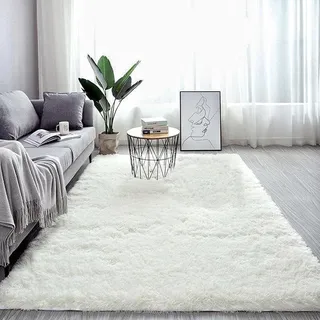 XUEDNGM Shaggy Hochflor Teppich Fellteppich 180 x 230 cm Waschbar Bis 30 Grad, Super Soft, Anti-Rutsch, Flauschig Area Rugs Teppich Hochflorige rutschfeste Teppiche für Wohnzimmer, Schlafzimmer, Weiß
