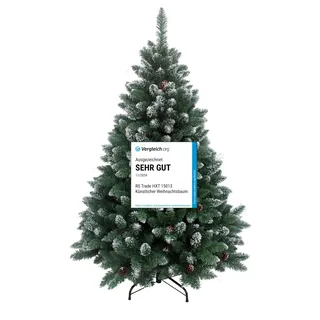 RS Trade 15013 Schneebaum 120 cm Weihnachtsbaum künstlich mit Schnee und Zapfen (Ø ca. 78 cm) ca. 500 Spitzen, schwer entflammbarer Tannenbaum mit Schnellaufbau Klappsystem, inkl. Christbaum Ständer