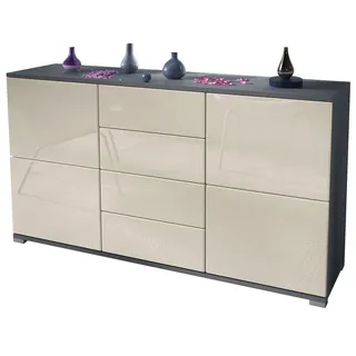Vladon Sideboard Rova V1 (Kommode mit 4 Türen, 4 Schubladen, Made in Germany), Anthrazit matt/Creme Hochglanz (138,5 x 75,5 x 35) gelb