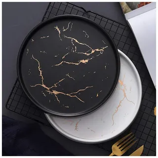 8 in Gold Schwarz Weiß Marmor Keramik Teller, Porzellan Geschirr Set Küchentisch europäischen Stil Dekoration Dessert Steak-Platte, 2er-Set