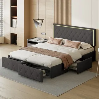 CDGlobal Bett 140 x 200 cm, Polsterbett, Doppelbettgestell, LED, Bettgestell, Metallbett, 4 Schubladen, Ladestation, verstellbares gepolstertes Kop... - Grau