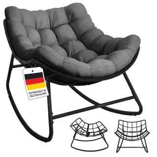 STEELSØN Veldora Schaukelstuhl – XXL Schaukelsessel outdoor/indoor – ergonomischer Gartensessel gepolstert - handgeflochtener Polyrattan - Loungesessel wetterfest & rutschfest – bis 125 kg - anthrazit