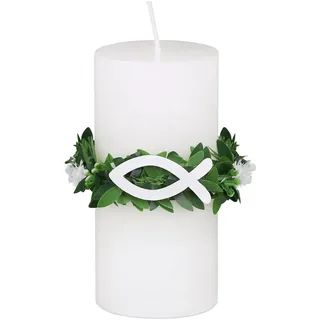 BOFUNX Tropfschutz Kerzenkranz Taufkerzen Buchskranz Tropfenfänger für Kerzen mit Weiß Taufe Fisch Deko Kerzenrock für Taufkerze Kommunionkerze Hochzeitkerze