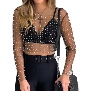 Myazs Damen Langarm Durchsichtiges Netz Crop Top mit glänzenden Perlen für Strass O-Ausschnitt Pullover Bluse Slim Cover Up Party Club Damen Cover Up Party Clubwear - L