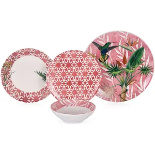Elegantes 24-teiliges Geschirrset aus roter Keramik | Inklusive Servierteller, Schüsseln und Desserttellern | Spülmaschinen- und mikrowellengeeignet